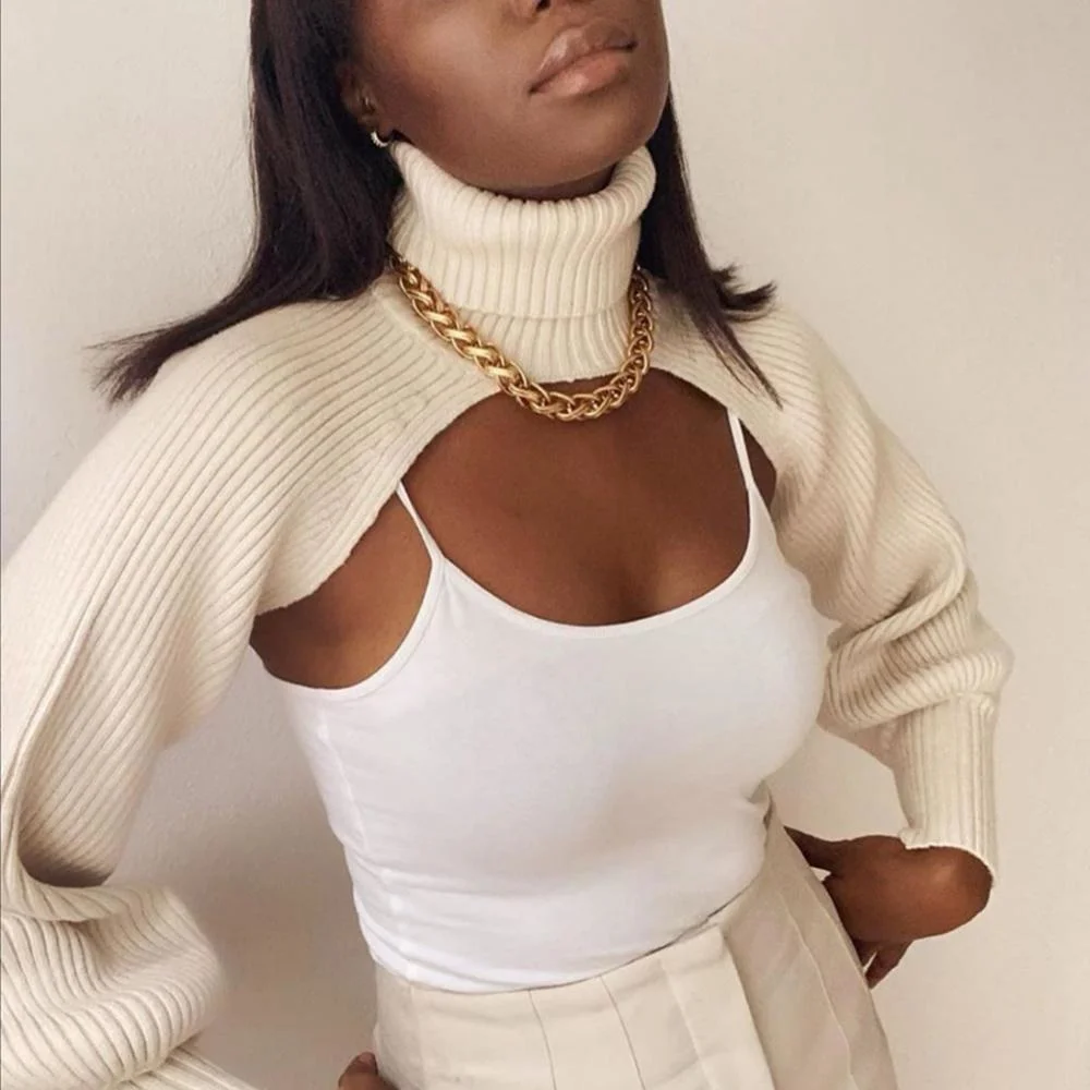HenzWorld Fall Winter 2021 Knitted Turtleneck Women's Crop Tops Sweaters Lantern Sleeve Pullover Females Shawl Sweaters