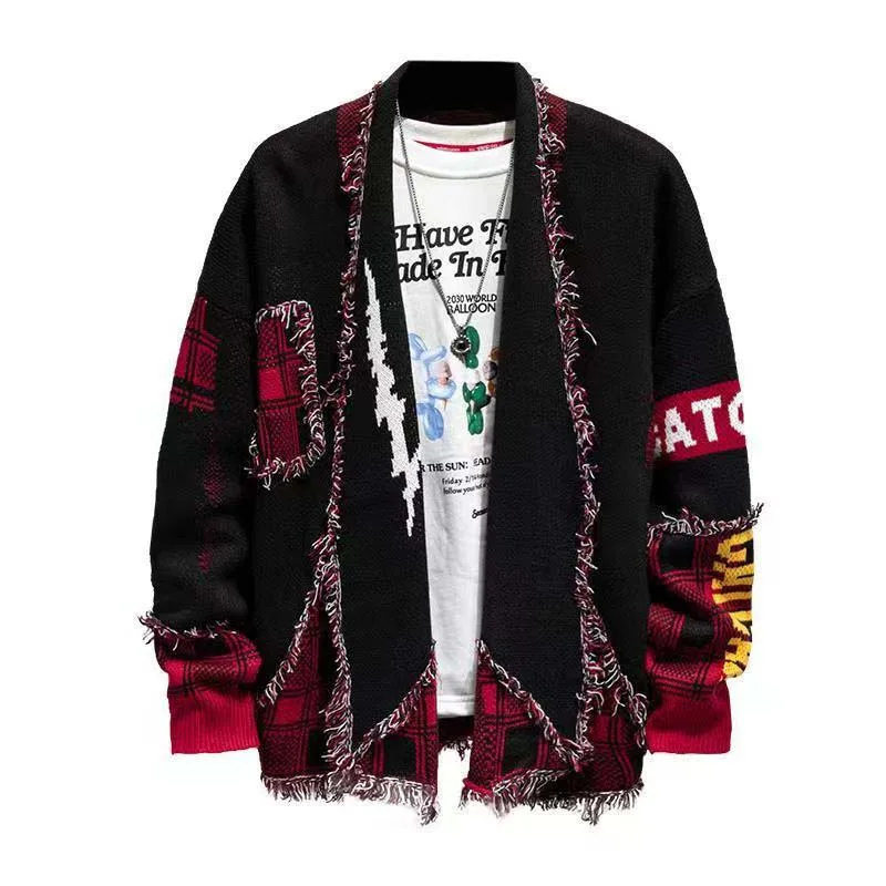 

2022 Spring And Autumn New Retro National Wind Personality Geometric Knit Men's Loose Couple Wearing A Long Cardigan Sweater Mal