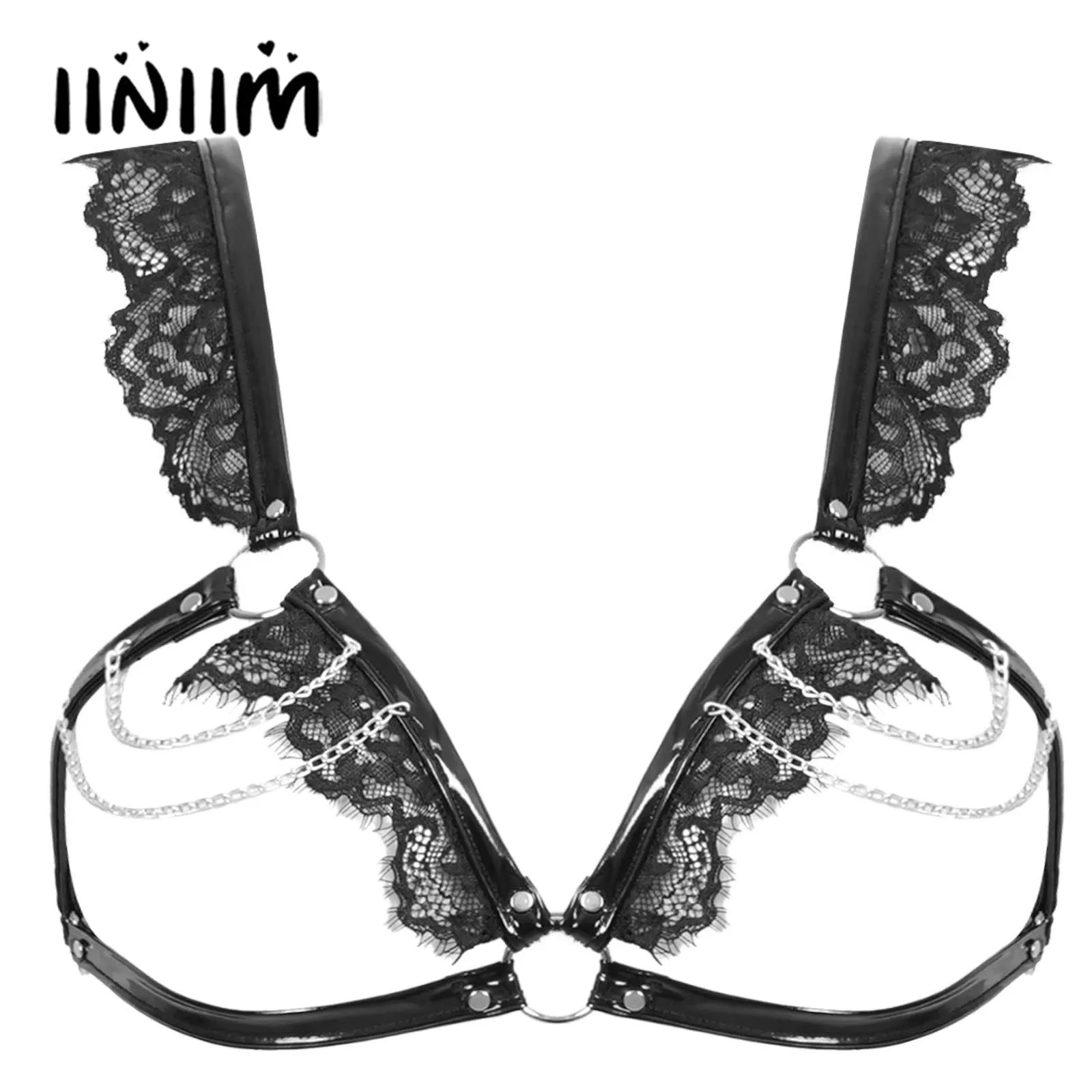 

Бюстгальтер женский с открытой чашкой, пикантный эротический Бралетт из лакированной кожи, кружевная отделка, ажурное нижнее белье с метал...