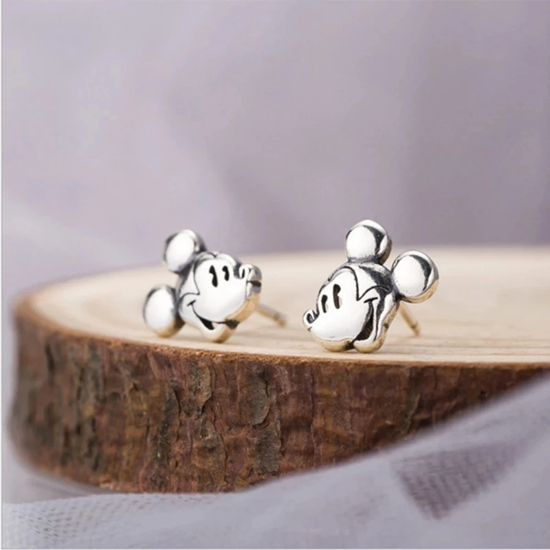 

S925 Sterling Silver Retro Disney Mickey Stud Earrings Cartoon Mickey Mouse Animal Earrings Simple Cartoon Minnie Jewelry