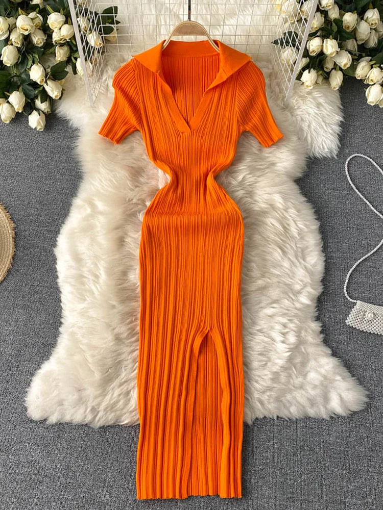 

HIkigawa Chic Fashion Woman Dress Solid Split Hem Slim Waist Tunic Knitted Maxi Dresses For Women Vintage Elegant Vestidos Mujer