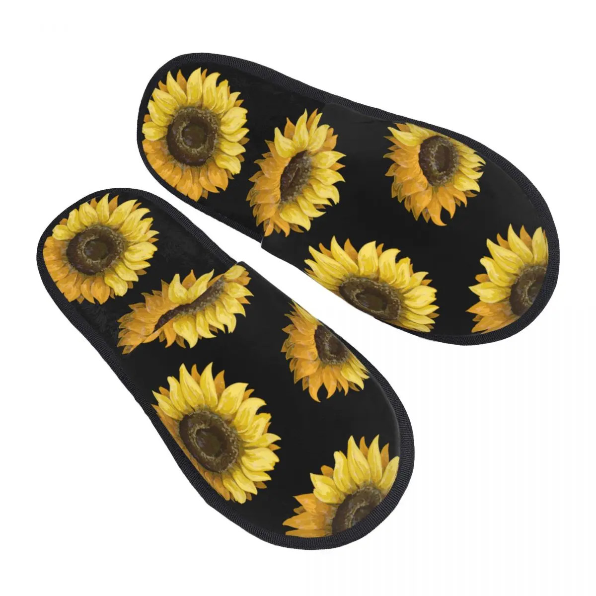 

Winter Slipper Woman Man Fashion Fluffy Warm Slippers Sunflowers Black Print House Slippers Funny Shoes