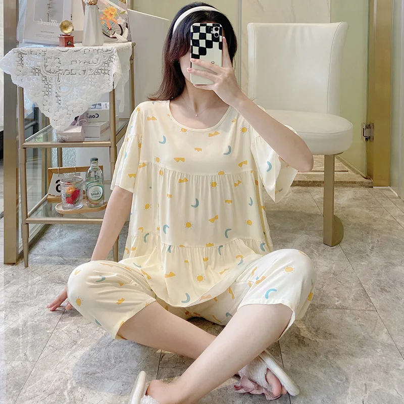 Summer New Cotton Silk Pajamas Women's Short-sleeved Artificial Cotton Pullover Suit Women Nightwear