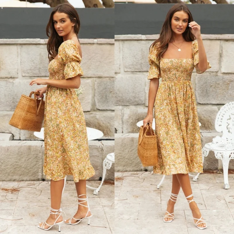 

AliExpress2022Spring and Summer New Short Sleeve Printed Large Swing Dress