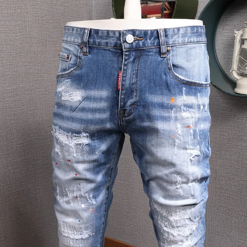 Streetwear Fashion Men Designer Men Jeans Retro Light Blue Elastic Stretch Slim Fit Ripped Jeans Men Korean Vintage Denim Pants
