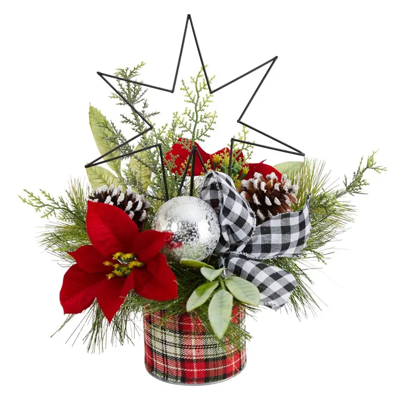 

17" Poinsettia, Greenery and Pinecones with North Star Table Christmas Artificial Flower Arrangement