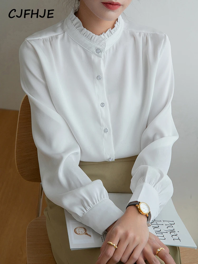 

CJFHJE Folds Stand Collar Long Sleeve Autumn White Office Ladies Shirts Single-Breasted Elegant Bishop Sleeve Blouse Tops Women
