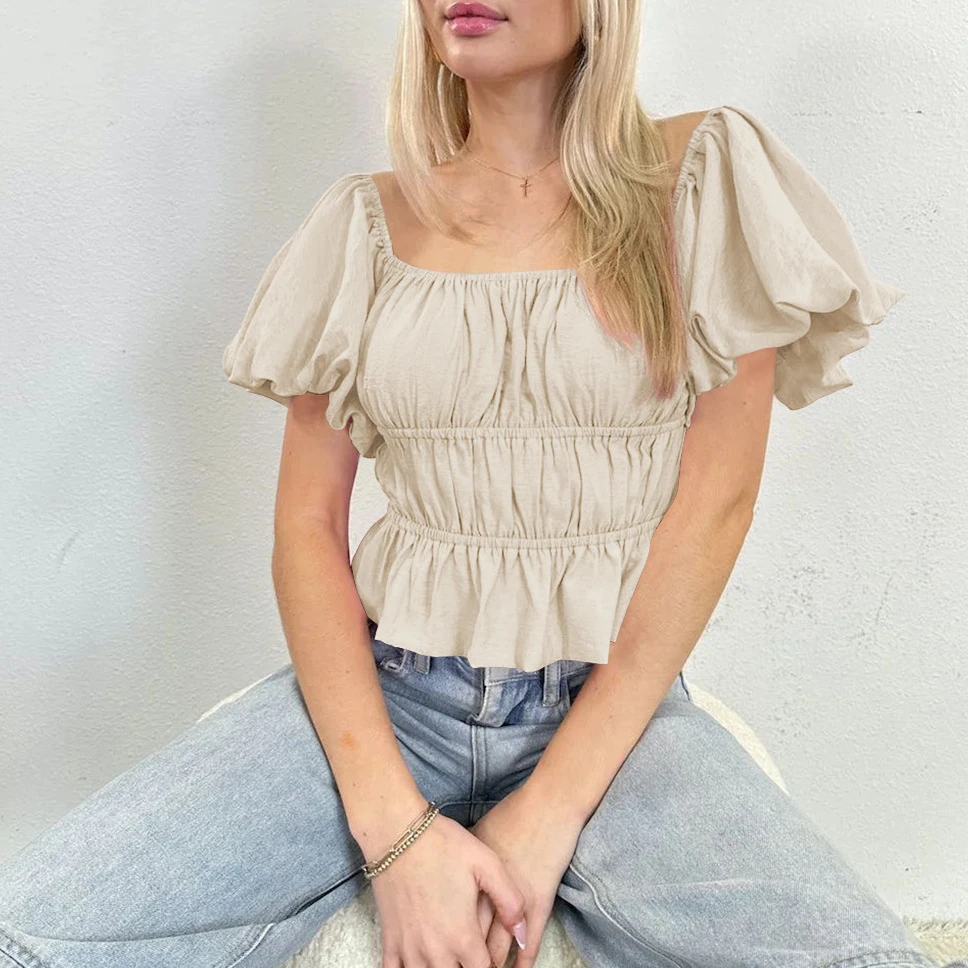 

Summer New Sexy One-line Collar Lantern Sleeve Ruffle Women T-shirts Solid Chiffon Top Versatile Temperament Women's Crop Top