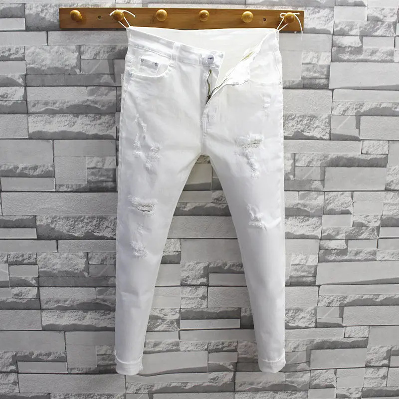 Модные уличные роскошные белые джинсы для мужчин облегающие хлопковые брюки в