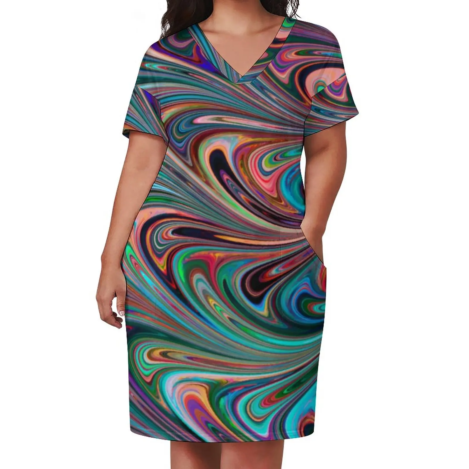 Neon Paint Swirl Dress Plus Size Colorful Liquid Print Aesthetic Casual Dress Lady Summer V Neck Kawaii Dresses Birthday Present
