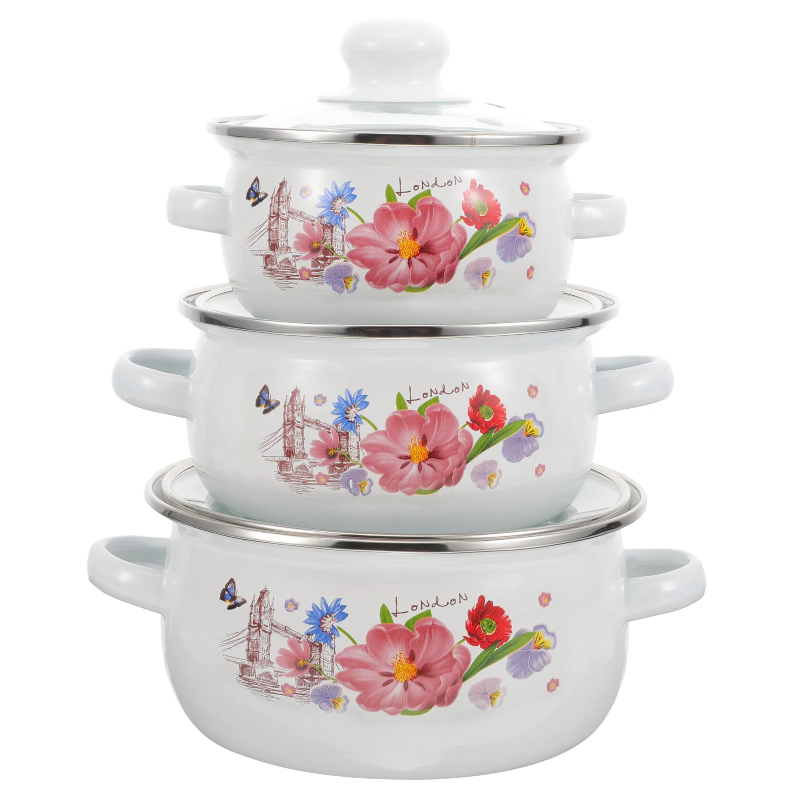 

3Pcs Kitchen Soup Pot Household Stew Pot Enamel Stockpot for Cooking Double-handle Cooking Pot