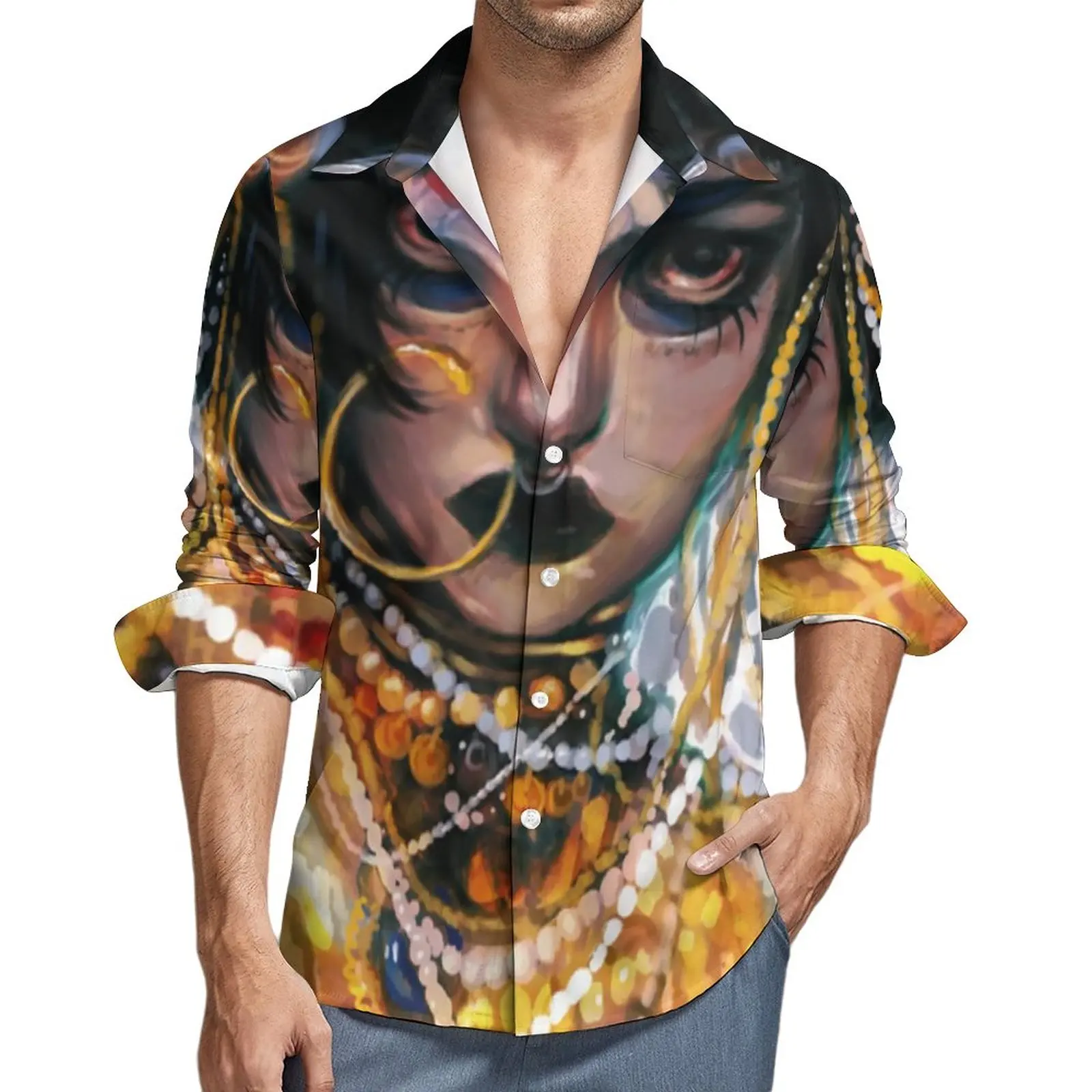 

Jibaro Oil Painting Street Style Casual Shirt Men Love Death Robots Shirt Vintage Blouses Long Sleeve Custom Oversized Clothing