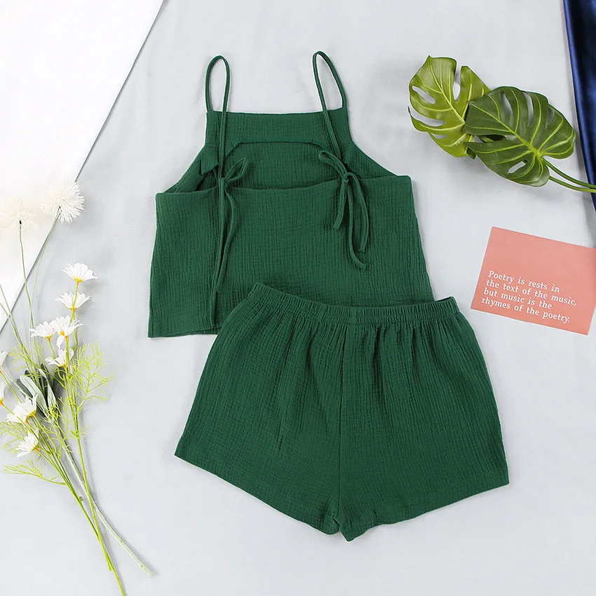 Designer Sleepwear Women Girls Summer Pajama Set Green Color Cami Top Soft Full Cotton Pyjamas Shorts