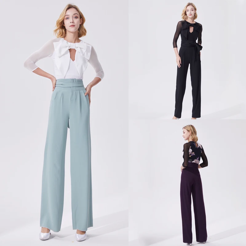 

New Modern Dance Clothes Bow Top High Waist Pants For Women Latin Cha cha Rumba Samba Ballroom Practice Clothes Costumes SL6985