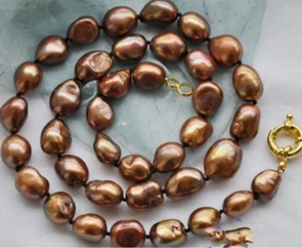 

Free shipping LARGE 9-10MM BROWN REAL NATURAL BAROQUE CULTURED PEARL NECKLACE 32''AAA