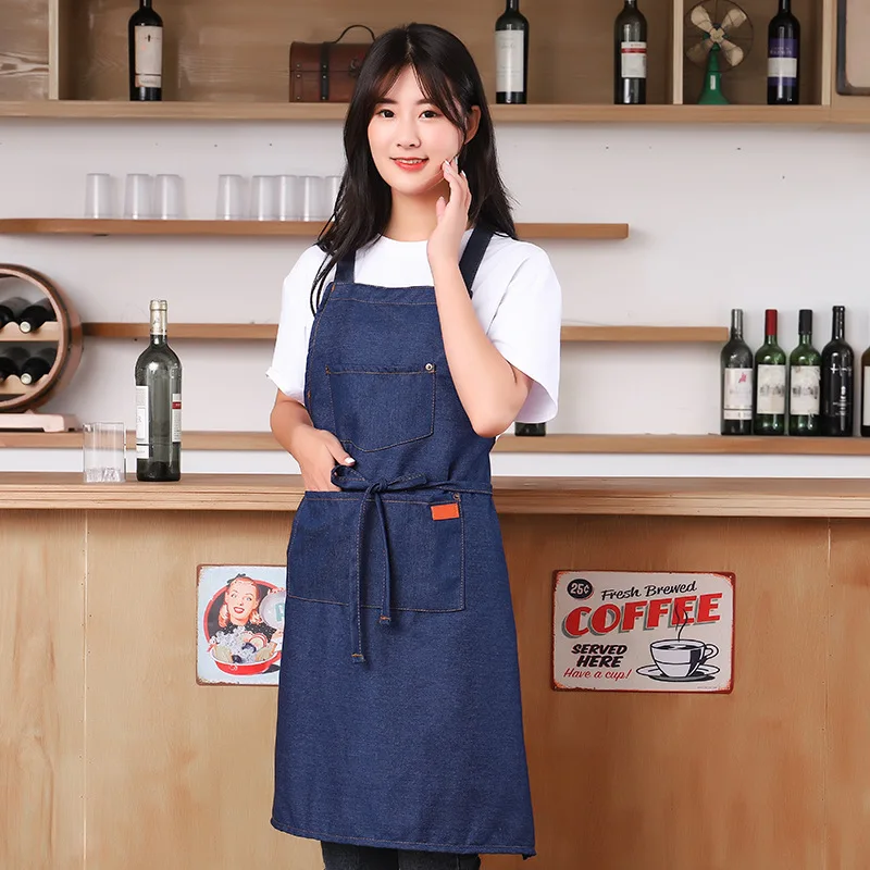 2022 new fashion Nordic plus denim apron Korean version strap apron Kitchen sleeveless denim apron painting apron