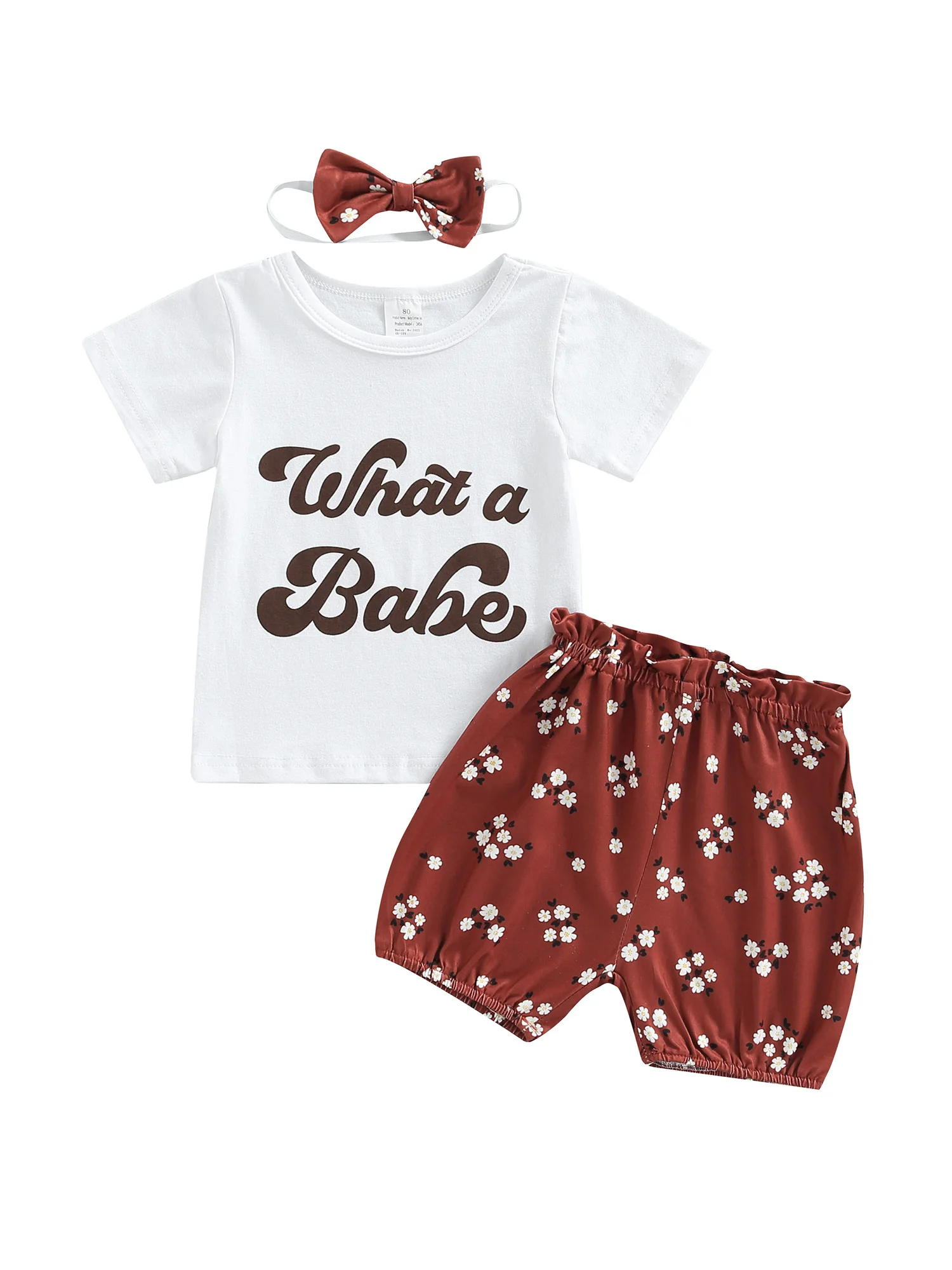 

Комплект из 3 предметов для маленьких девочек, футболка с коротким рукавом и буквенным принтом, шорты с цветочным принтом, повязка для волос ...