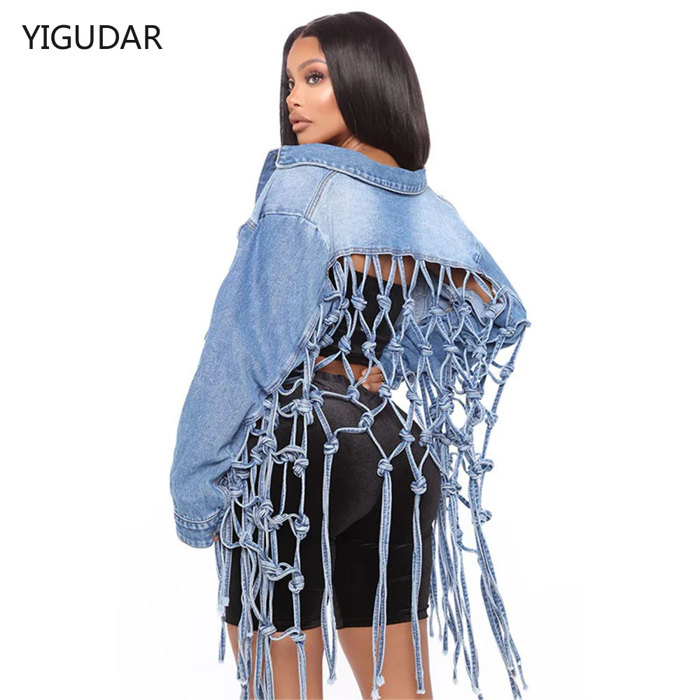 

Fringed Denim Jacket Women Spring Autumn Back Grid Tassel Design Split Long Sleeve Tassels Jeans jacket shorts 2022 Femme Coat