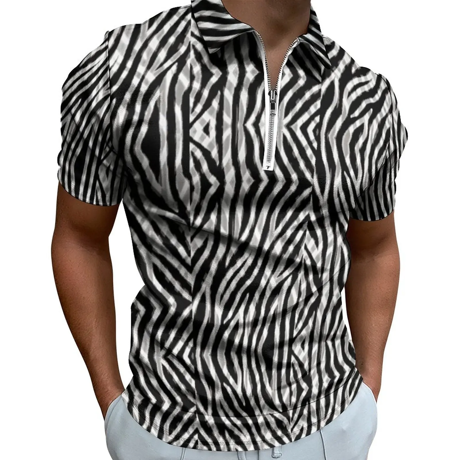 

Tribal Zebra Polo Shirts Men Black White Stripes Casual Shirt Day Vintage Zipper T-Shirts Short Sleeve Graphic Oversize Tops