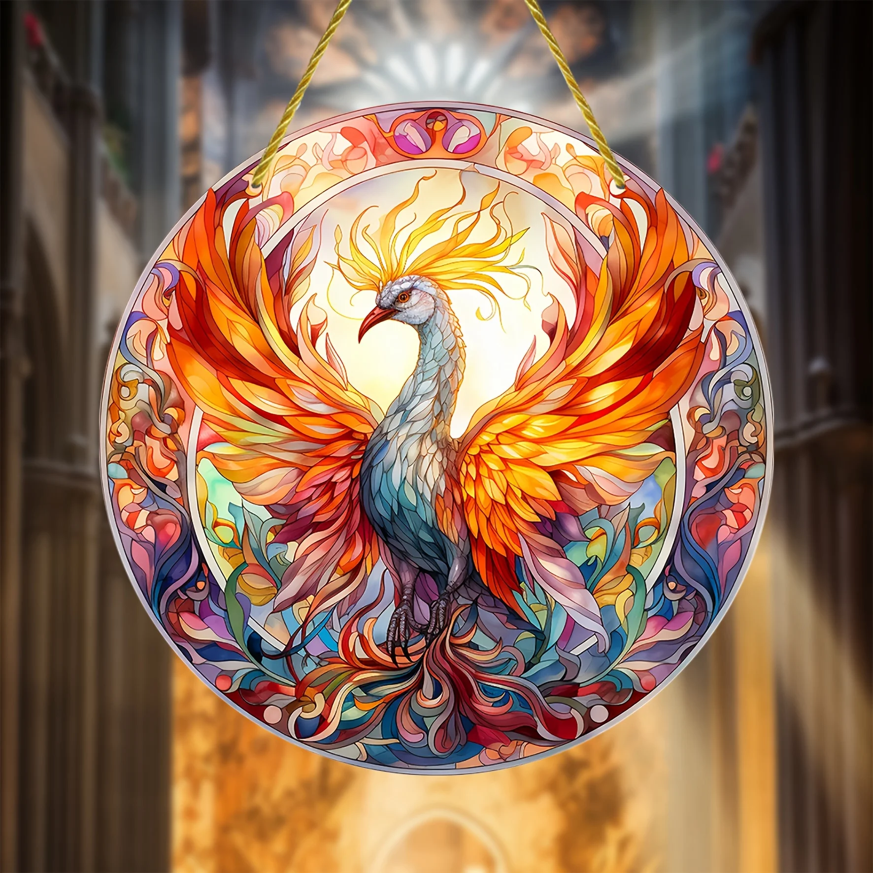 Ловец солнца Феникса - витражное окно подвесное для дома крыльца настенного