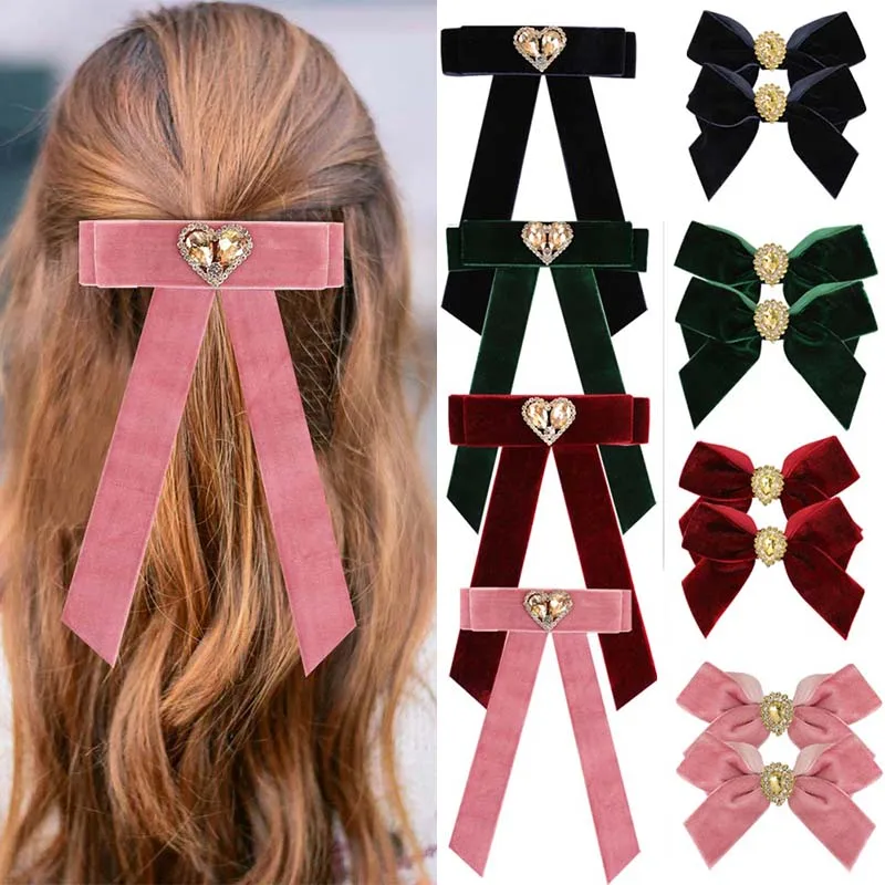

3Pcs Flannel Bows Hair Clip For Women Solid Color Long Tail Bowknot With Heart-shaped Rhinestone Fashion Winter Hair Accessories