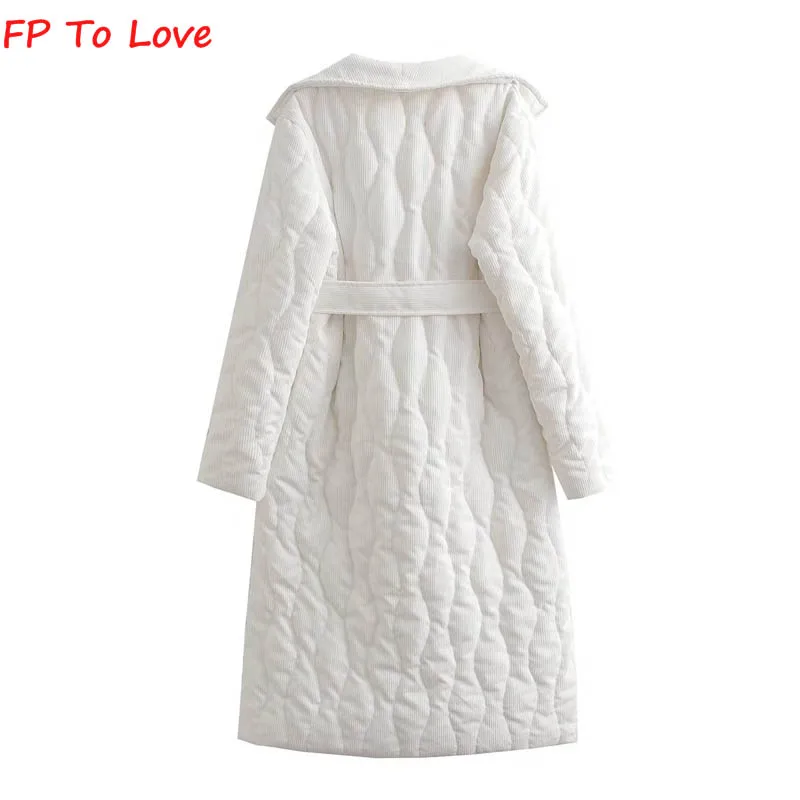 White Grid Cotton Long Coat Corduroy Winter Belt Jacket Woman Streetwear PB&ZA Woman Chic Outwears Stylish