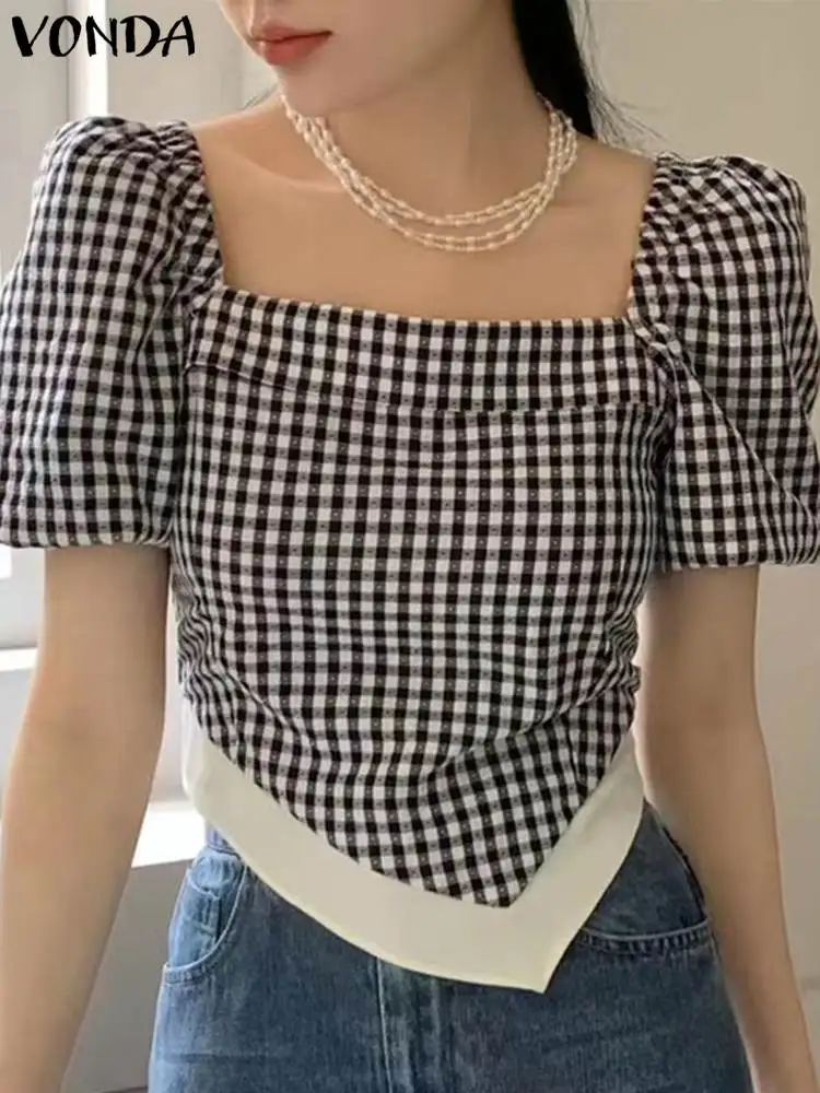 

VONDA Fashion Women Back Bow Plaid Blouse Elegant Tops 2023 Summer Short Puff Sleeve Casual Shirt Square Collar Patchwork Blusas