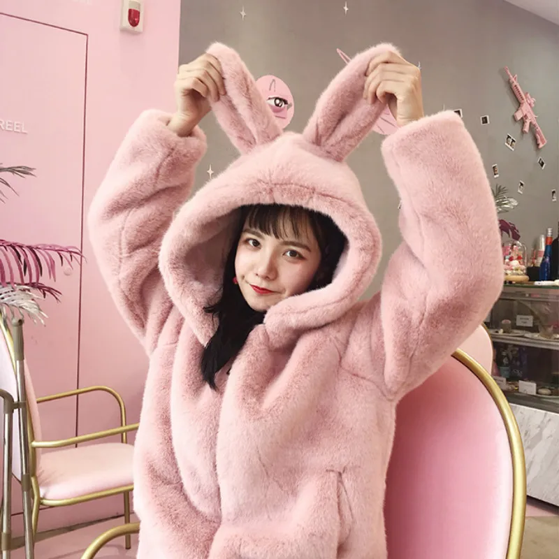 Cartoon Imitation Rabbit Fur Grass Padded Cardigan Fashion Jacket Cute Hooded Faux Fur Rabbit Ears Hooded Fluffy Jacket Women