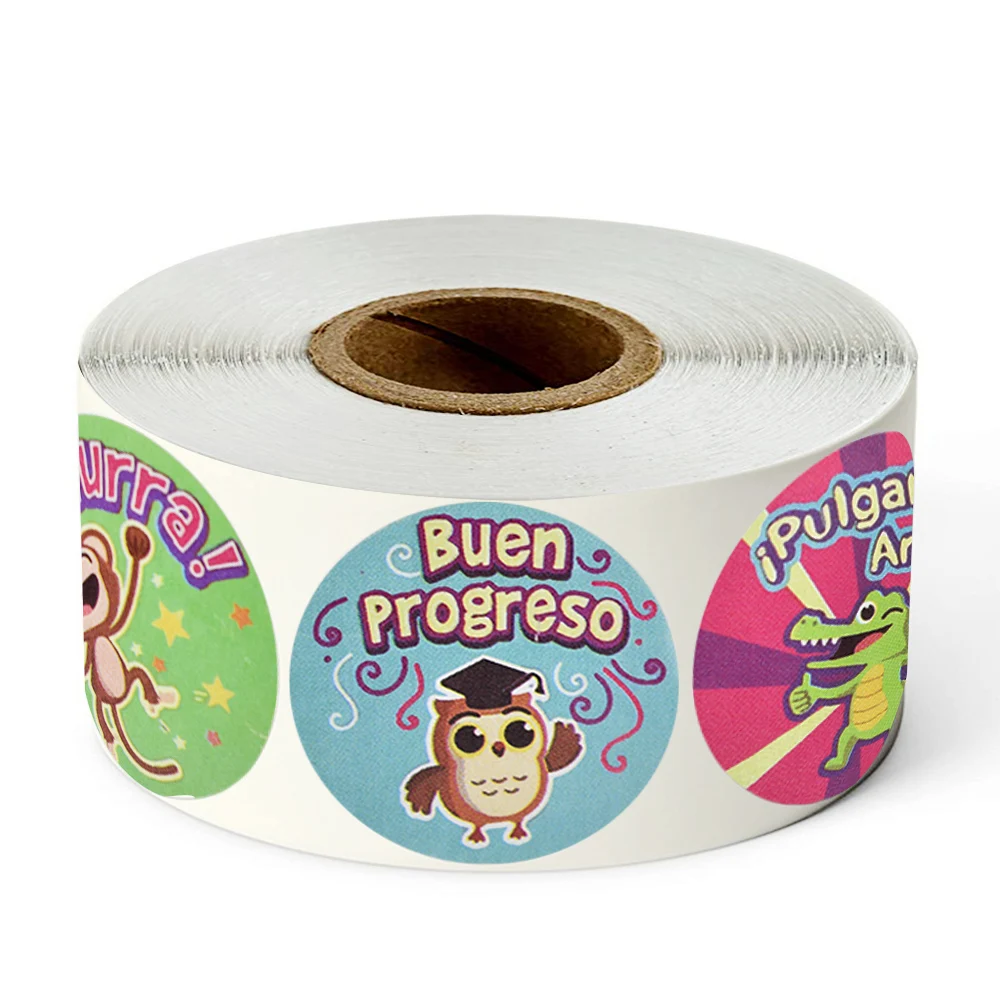 

100-500pcs 1 inch Animals Reward Stickers Roll Cute Spanish Words Seal Labels for School Reward Kids Gift Toys Cartoon Stickers
