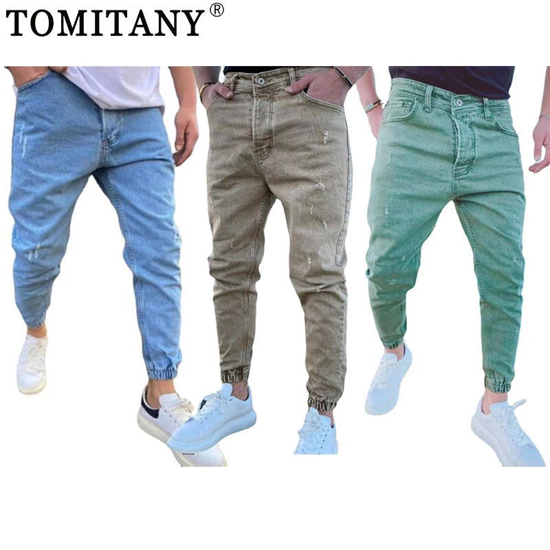 Men Streetwear Khaki Ripped Jeans US Skinny Slim Fit Elasticity Hip Hop Denim Trousers New Casual Jeans Mens Jogging Pants homme