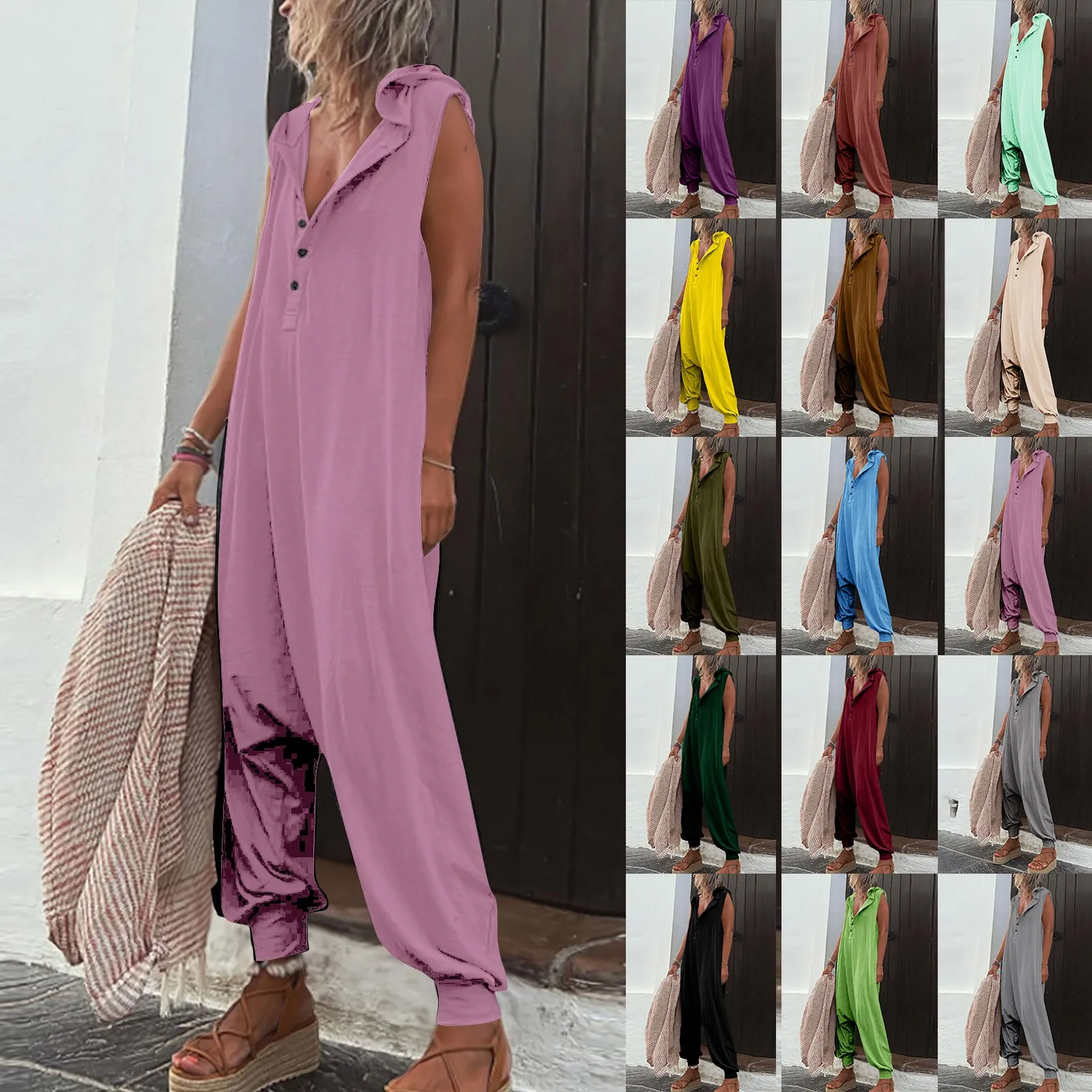 

Button Hooded Sleeveless Pants Jumpsuit Trousers Outfit Women