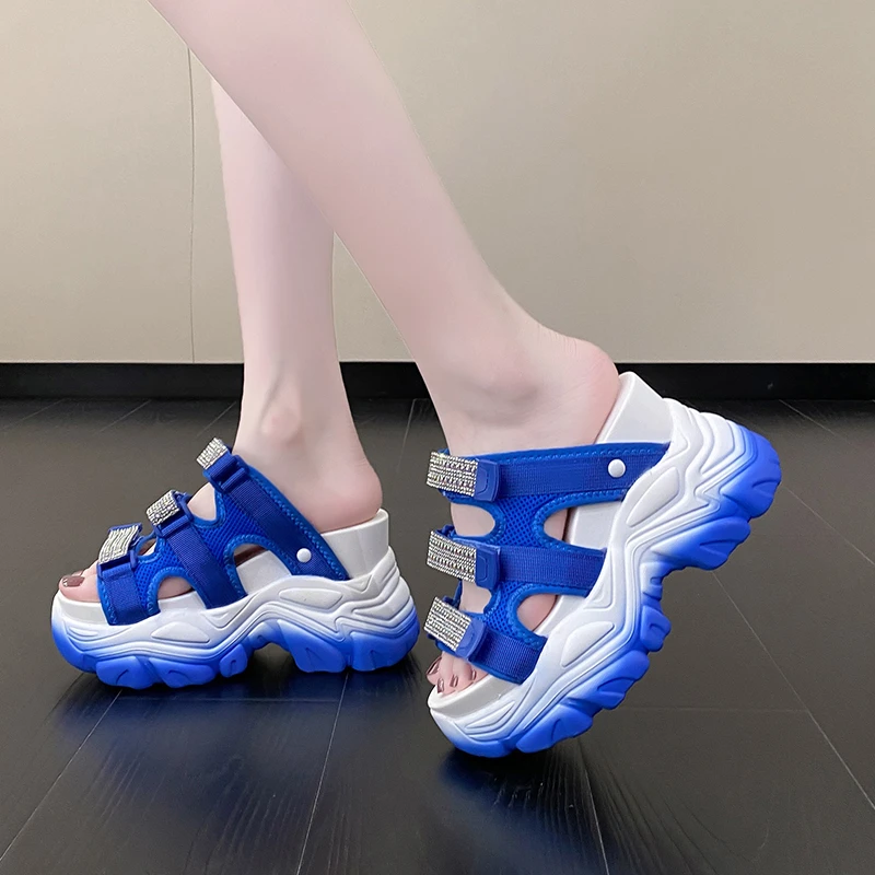 

Women's Slippers Rhinestone Slippers Fashion for Women Outside Wear Summer Slope Heels Thick Soled Sandals Shoes Woman Heels