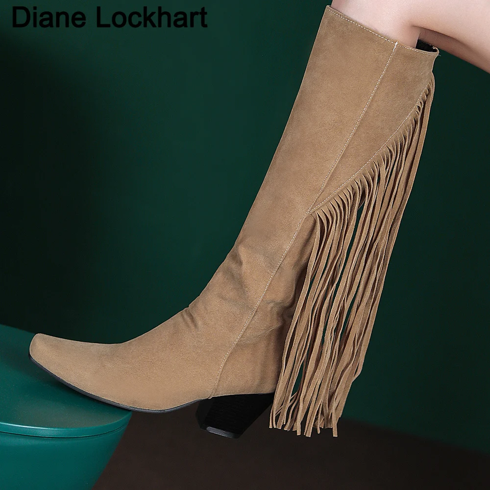 

Trendy Bohemia Fringe knee high boots Square Heels Western Boots Comfy Walking Vintage Women Casual Party Shoes New Thigh boots