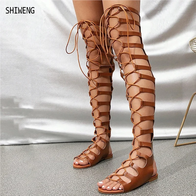 

Roman Gladiator Sandals Boots Women Flat Over The Knee Boot Sandalias Botas Femininas Women Cross Tied Shoes Summer Hollow Boot