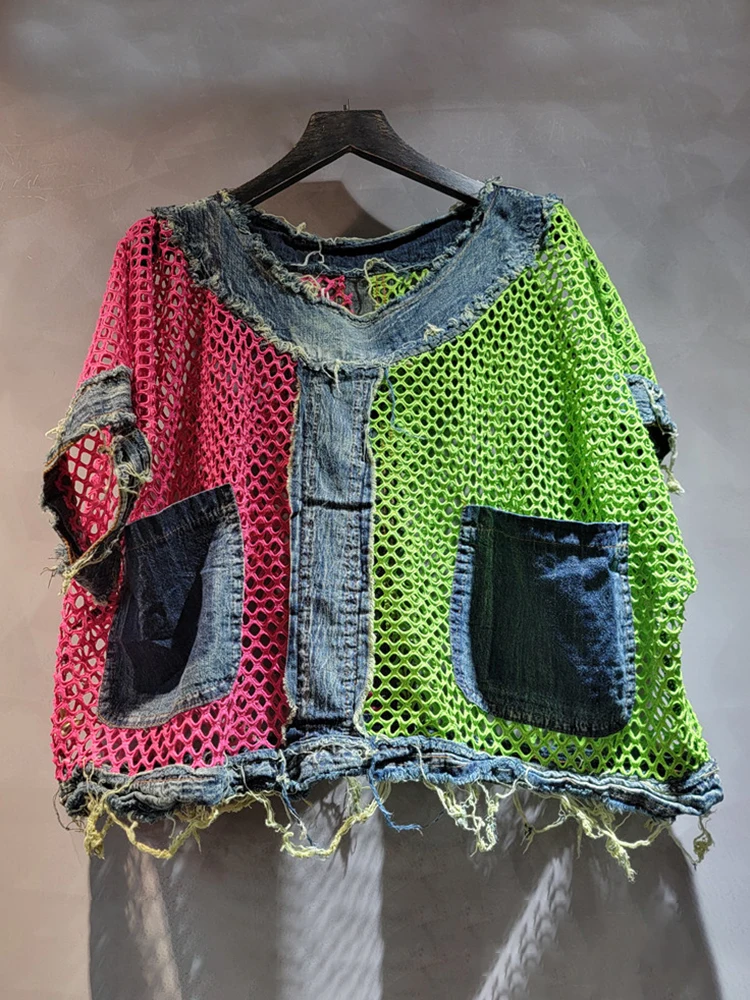 Женская джинсовая футболка с карманами DEAT Лоскутная контрастных цветов