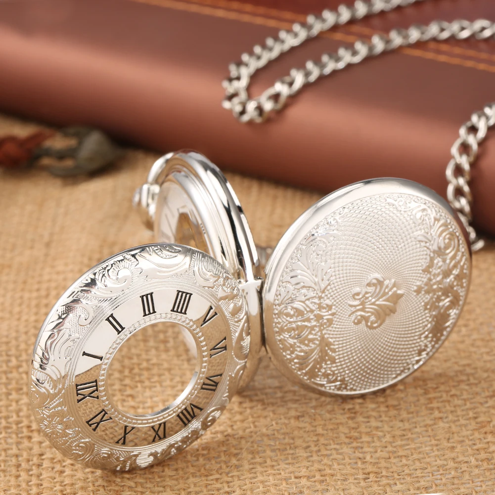 Manual Mechanical Pocket Watch Silver Double Cover Roman Numerals Display Vintage Pendant Pocket Clock Antique Gift Timepiece