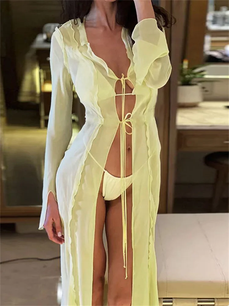 

CHRONSTYLE Elegant Long Sleeve Mesh See Through Dress for Women Summer Beach Bikinis Cover Ups Ruffles Front Split Lace-up Dress