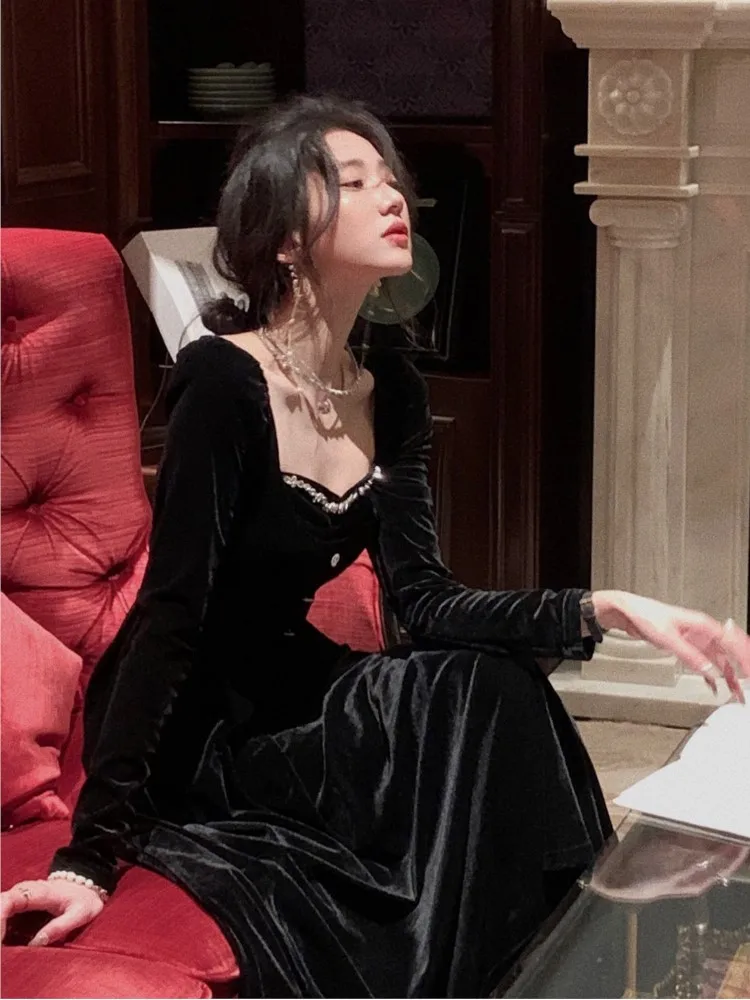 

Винтажное бархатное женское платье, Осеннее черное облегающее вечернее праздничное платье, элегантное платье в Корейском стиле с длинным р...
