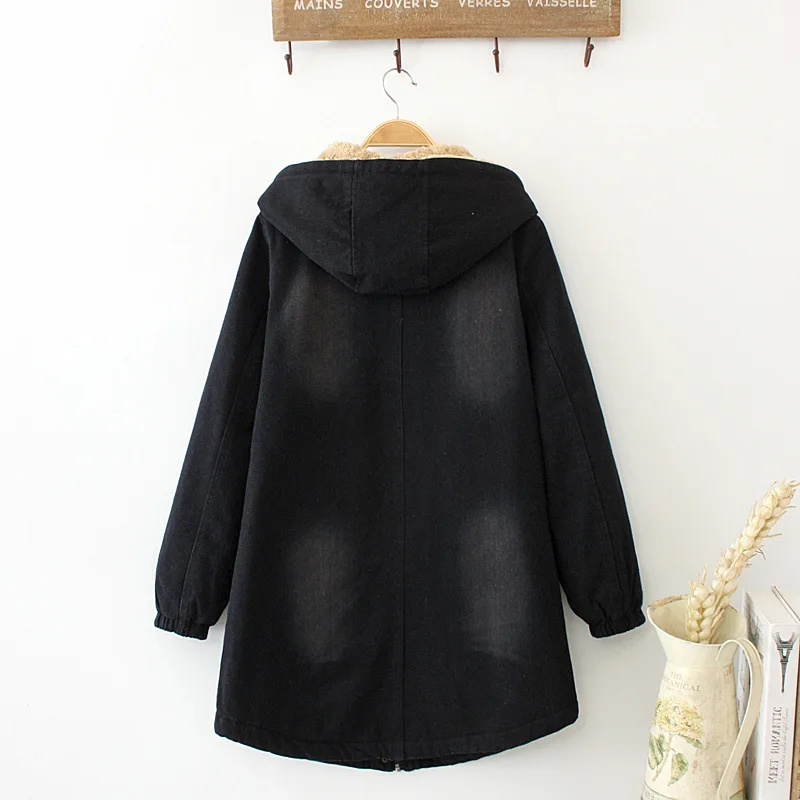 Large Pocket Hooded Fleece Thickened Denim Parkas Jacket Mid Length Zipper Button Denim Patchwork Coat Women Vintage Warm Coat