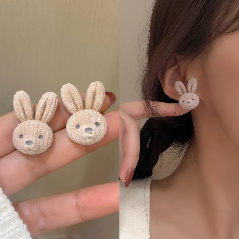 

Cute Jewelry Little Rabbit Earrings 2021 New Trend Autumn Winter Style Pink Cream Flocking Stud Earrings For Women Gifts