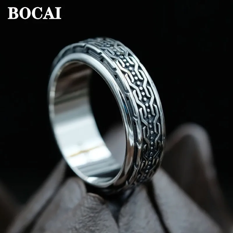 

BOCAI NEW Real S925 Silver Jewelry Retro Octagonal Pattern Fashion Good Luck Rotating Ring for Men and Women Free Shipping