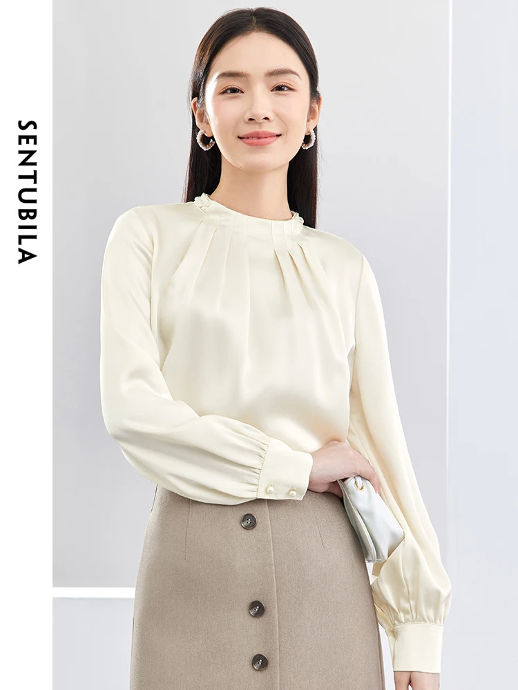 Женская Однотонная рубашка с круглым вырезом длинным рукавом