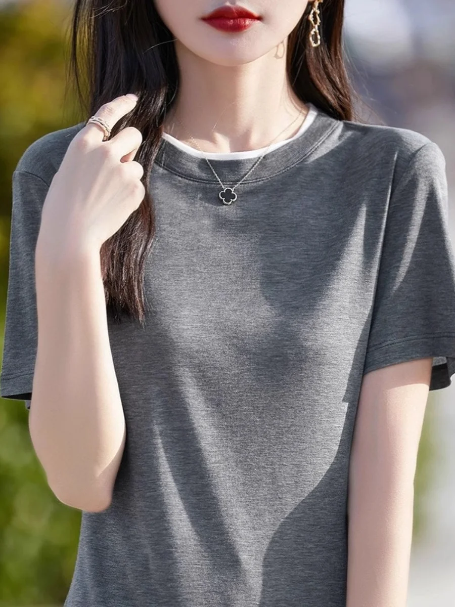 Элегантная футболка с короткими рукавами женская летняя 2024 новый базовый топ