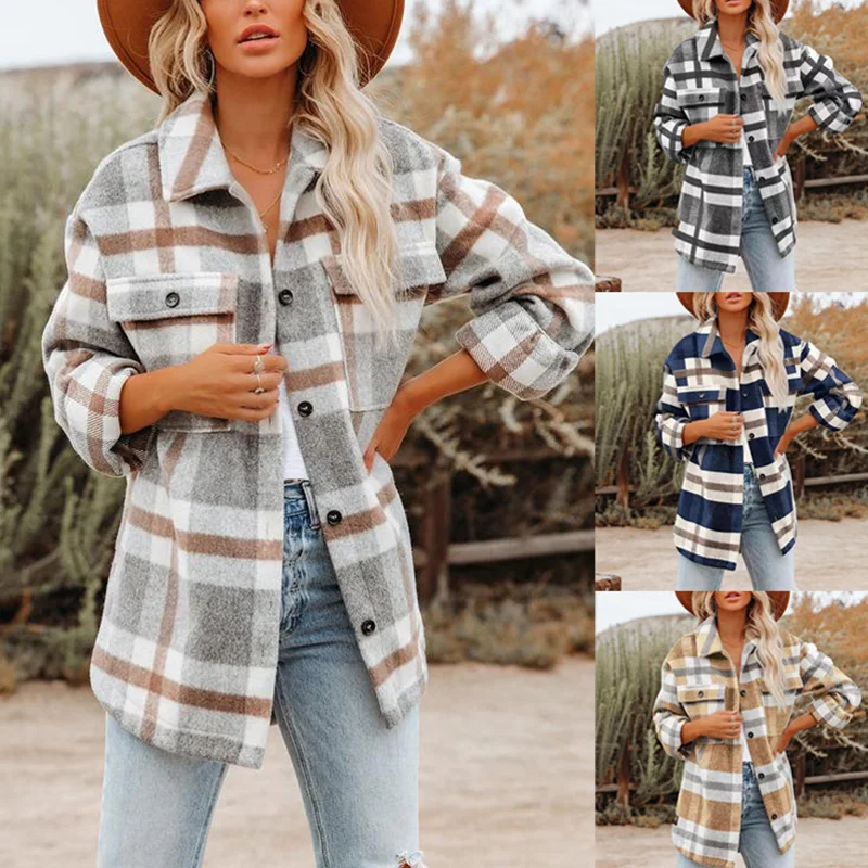 

Autumn Winter Flannel Plaid Shirts Women Long Sleeve Casual Blouses Female Lapel Collar Jacket Fashion Outwear Ladis Coat