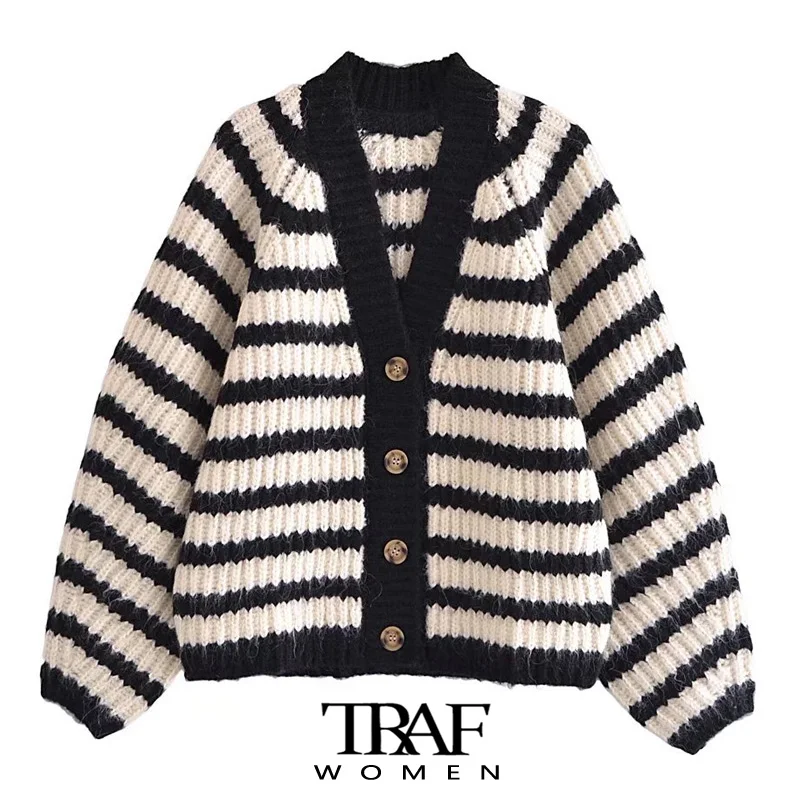 

TRAF Women Fashion Oversized Striped Knit Cardigan Sweater Vintage Long Sleeve Button-up Female Outerwear Chic Tops