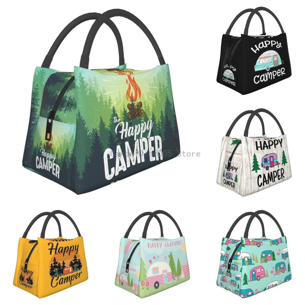 

Happy Camper Portable Insulation Bag,Reusable Lunch Box Container For Women Men Office Work Travel Beach Hiking