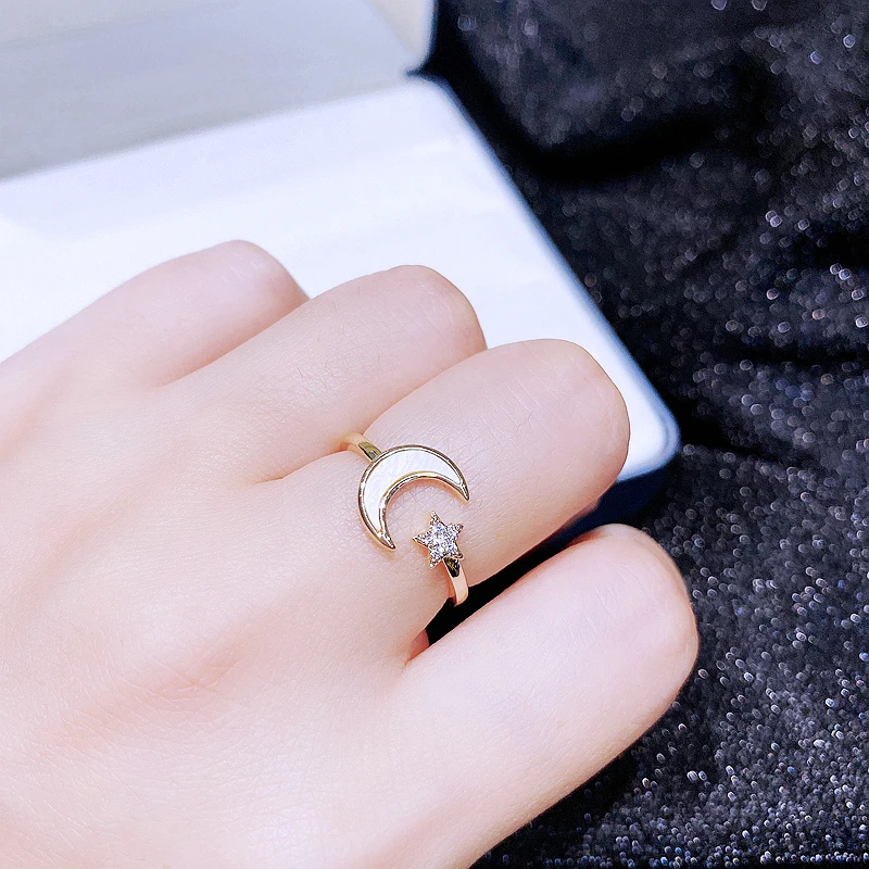 

Delicate Natural Shell CZ Crystal Star Moon Woman Ring Gold Color Adjustable Fashion Jewelry