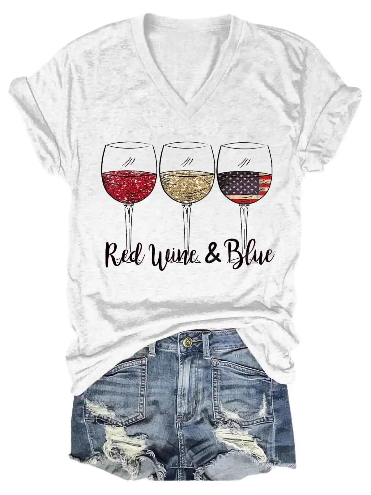 Women's Red Wine & Blue 4th of July V-Neck T-Shirt