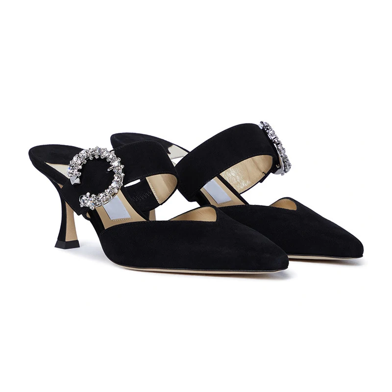 

Rhinestones Pointed Toe Stiletto Slingback Women Sandals Summer Female Pumps Fine Heel Slip On Zapatillas Mujer Casual Slippers