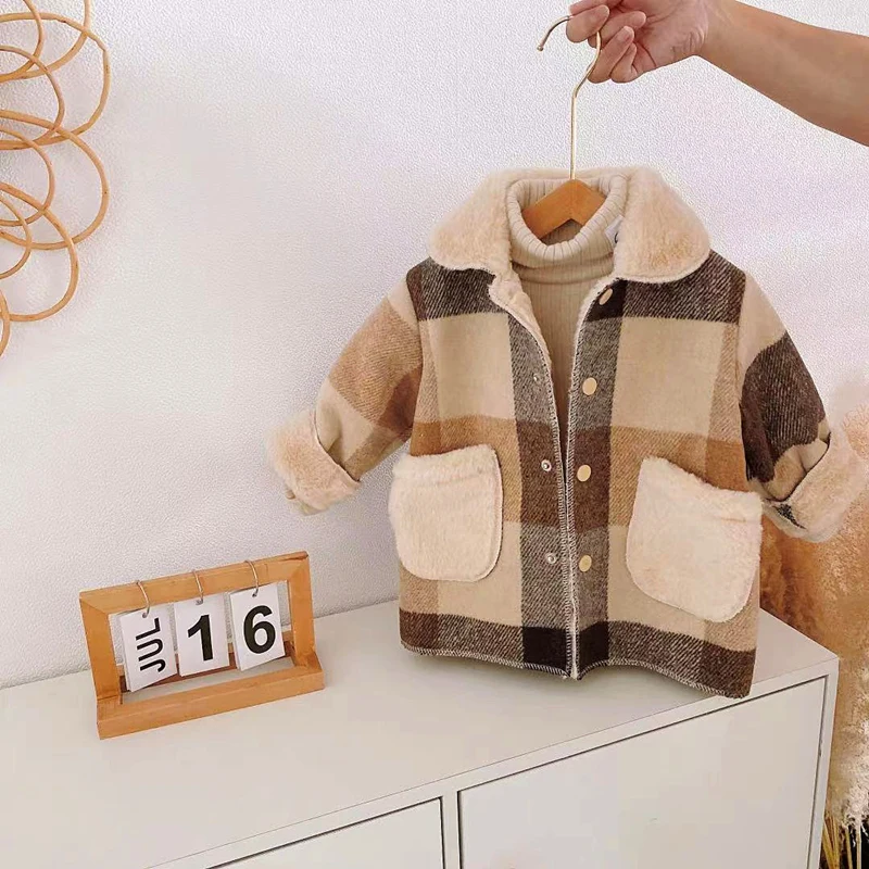 

Girls Woolen Coat Jacket Cotton Outwear 2022 Simple Warm Thicken Plus Velvet Winter Autumn School Gift Children's Clothing